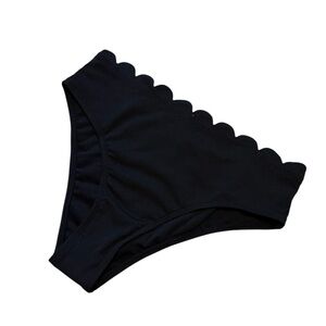 Black Ribbed High Cut High Rise Medium Coverage Scalloped Bikini Bottoms NWT